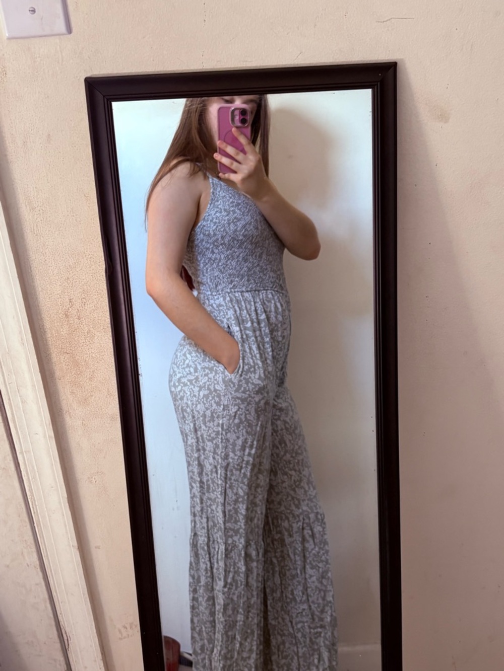 Smocked Halter Jumpsuit in Light Gray Floral